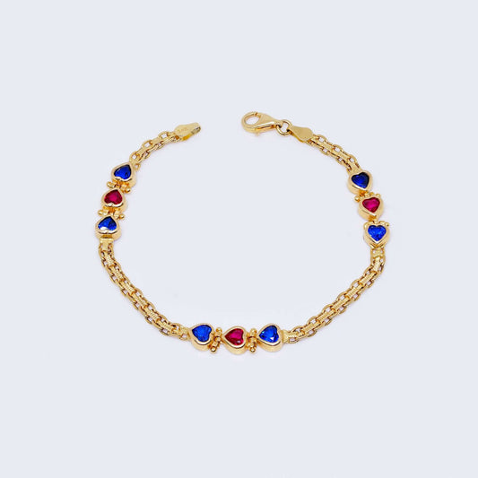 14K Gold 3-Hearts Color Gem Bismark Bracelet