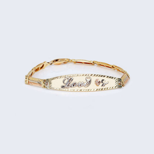 14K Gold Solid Three Toned. Railroad Bracelet with “Love” ID Plate