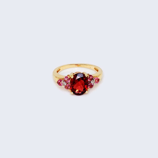 14K Gold Garnet, Pink Stones & Diamonds Ring