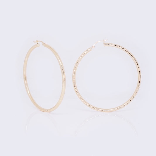 14K Single-side Textured Classic Hoops 60mm