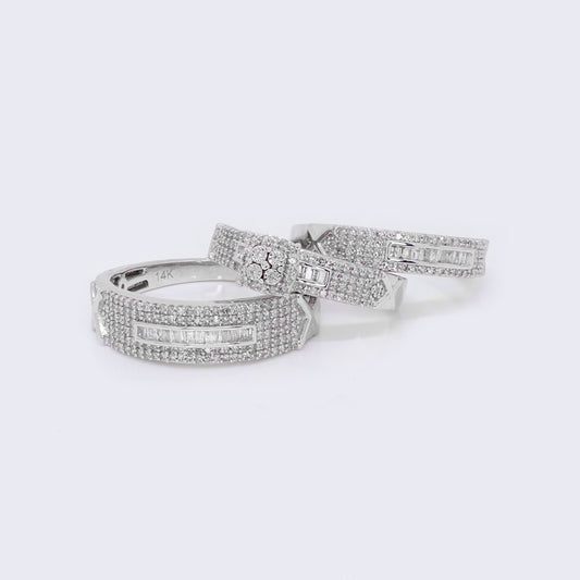 14K White Gold Natural Diamond Wedding Trio Band Ring Set