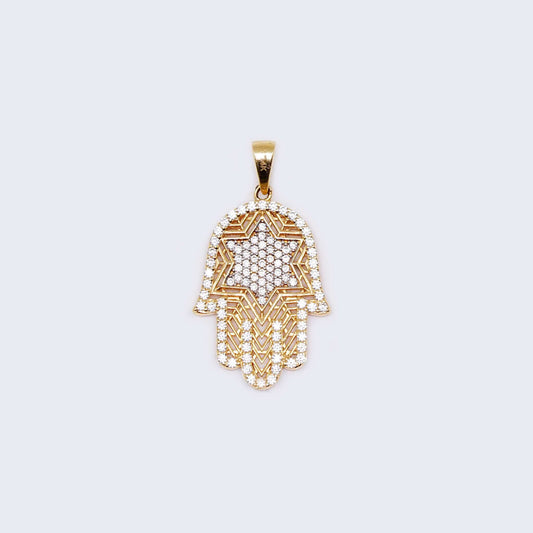 14K Gold Star Hamsa Hand with Cubic Zirconia Stones Pendant Charm