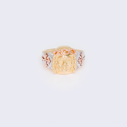 14K Tri Color Gold Cubic Zirconia Religious Jesus Cross Fancy Ring