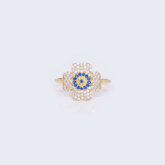14K Gold Flower Evil Eye Ring with Cubic Zirconia Stones