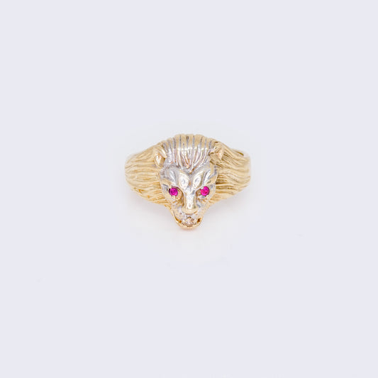 10K Gold Cubic Zirconia & Ruby Lion's Bust Men's Ring