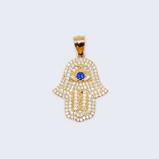 14K Gold Blue Hamsa Hand with Cubic Zirconia Stones Pendant Charm