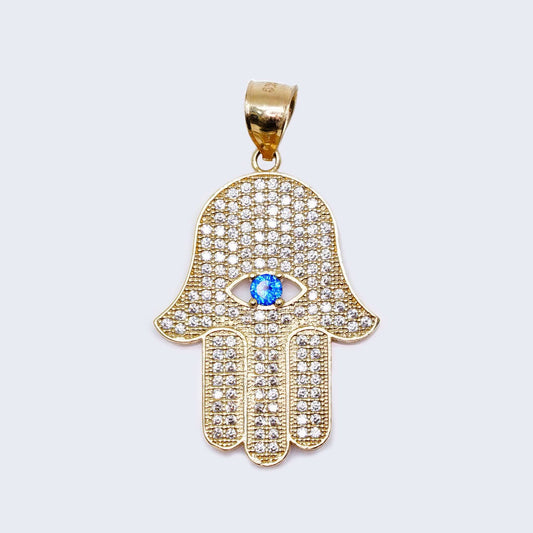 10K Gold Hamsa Hand Pendant Charm with Blue and Zirconia Stones