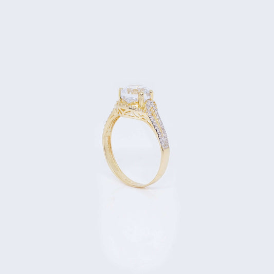 14K Double Line Hollow Design Engagement Ring with Cubic Zirconia