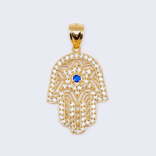 14K Gold Blue Hamsa Hand with Cubic Zirconia Stones Pendant Charm