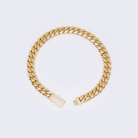 14K Yellow Gold Monaco Chain Cubic Zirconia  Bracelet 10" 9mm Thickness