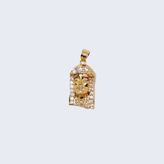 14K Gold Jesus Christ Face Pendant Charm with Cubic Zirconia Stones