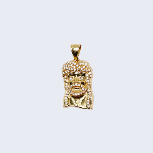 14K Gold Jesus Christ Face Pendant Charm with Cubic Zirconia Stones