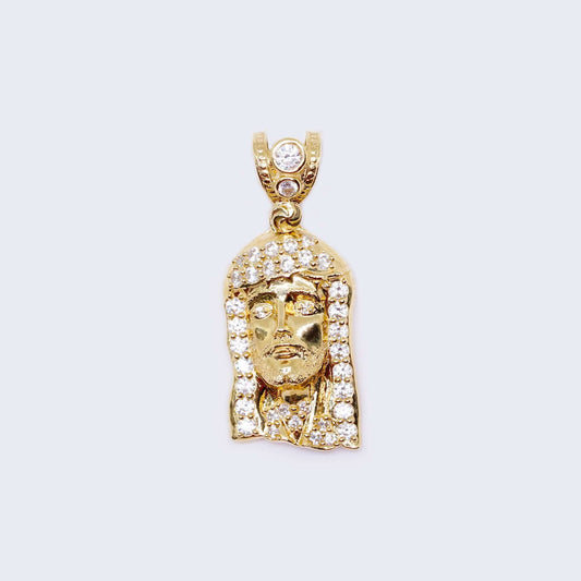 14K Gold Jesus Christ Face Pendant Charm with Cubic Zirconia Stones