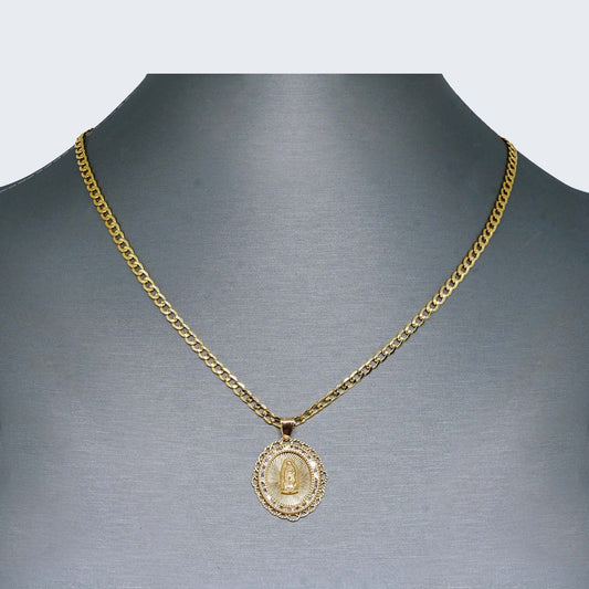 10K Gold Floral Virgen de Guadalupe Necklace Set