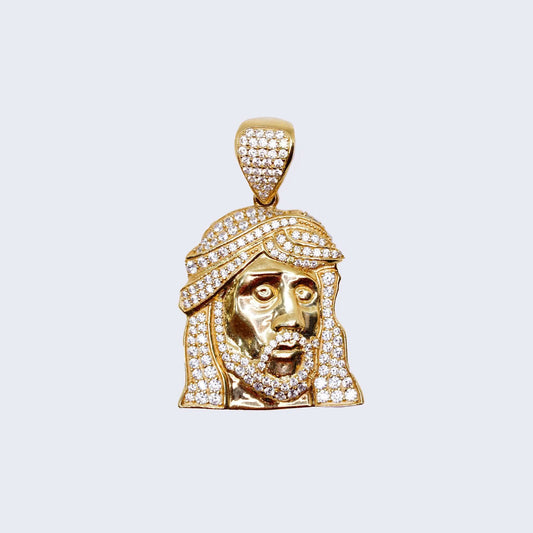 14K Gold Jesus Christ Face Pendant Charm with Cubic Zirconia Stones