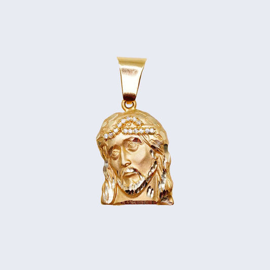 14K Gold Jesus Christ Face Pendant Charm with Cubic Zirconia Stones