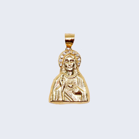 14K Gold Sagrado Corazón de Jesús Pendant Charm with Cubic Zirconia