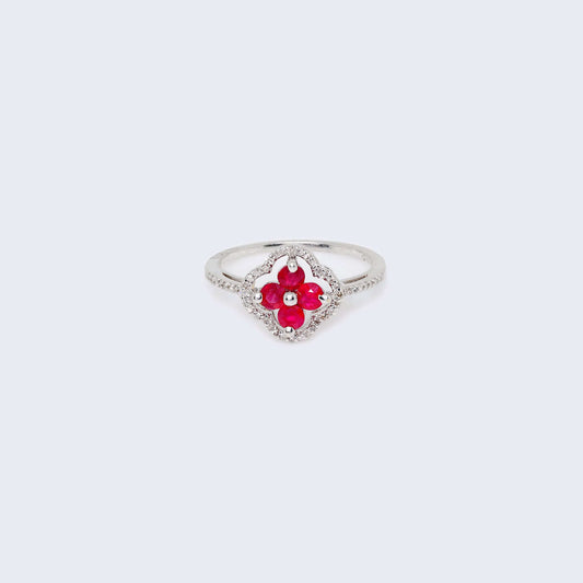 14K White Gold Flower Design Ruby & Diamonds Ring