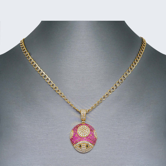 14K Gold Mario Bross Red Mushroom with Cubic Zirconia Necklace Set