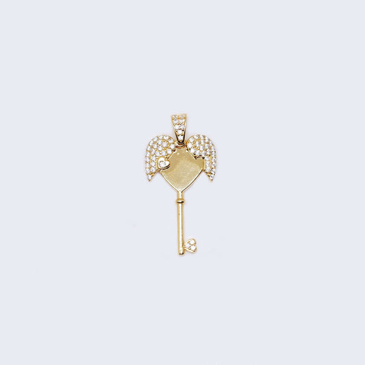 14K Gold Heart Key and Wing with Cubic Zirconia Stones Pendant Charm