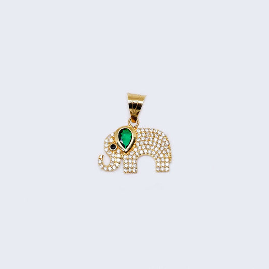 14K Gold Elephant with Green and White Cubic Zirconia Stones Pendant Charm