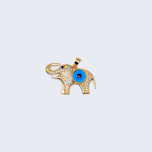 14K Gold Elephant and Blue Evil Eye with Cubic Zirconia Stones Pendant Charm