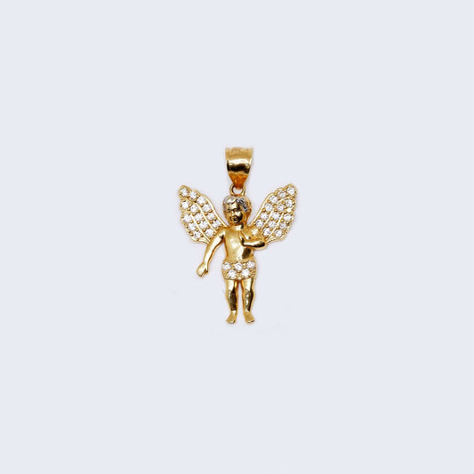 14K Gold Cupid Angel with Cubic Zirconia Stones Pendant Charm