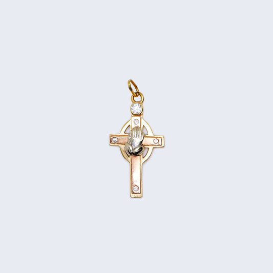 14K Three Tones Gold Cross with White Gold Hands praying Pendant Charm