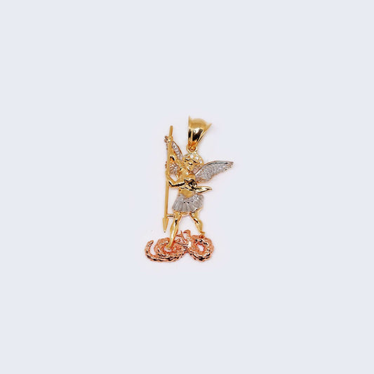 14K Three Tone Gold Saint Michael Cubic Zirconia Charm Pendant