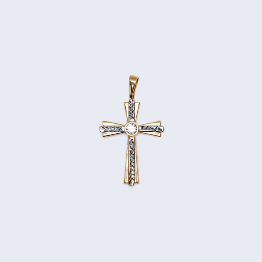 14K Gold Double Cross with Cubic Zirconia Stone Pendant Charm