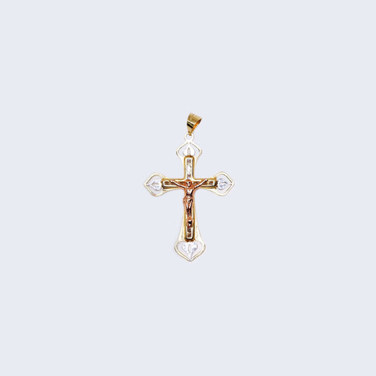 14K Tree Tones Gold Hollow Cross with Rose Gold Jesus Pendant Charm with Cubic Zirconia Zirconia Stones