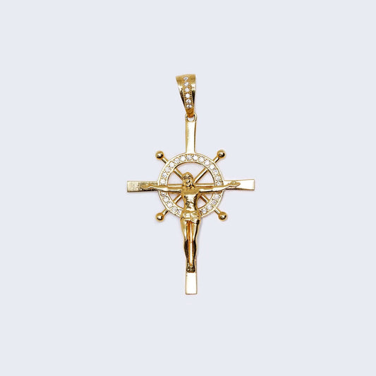 14K Gold Circle Anchor Cross with Christ Pendant Charm