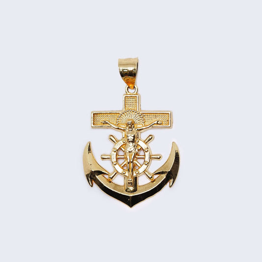 14K Gold Anchor Cross with Christ Pendant Charm