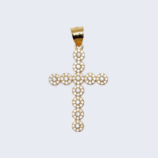 14K Gold Floral Halo Cross with Cubic Zirconia Pendant Charm