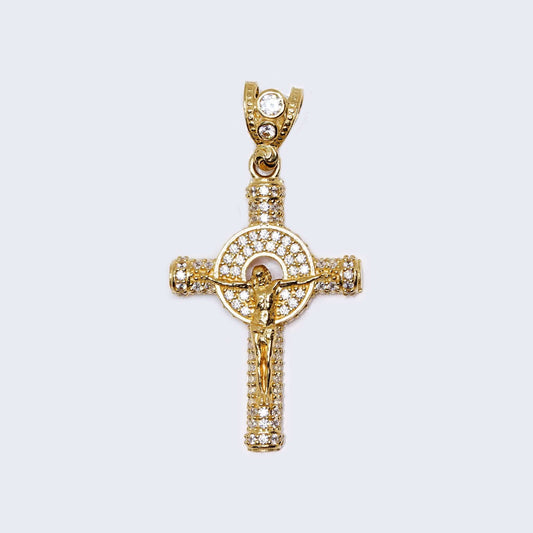 14K Gold Devine Cross and Christ with Cubic Zirconia Pendant Charm