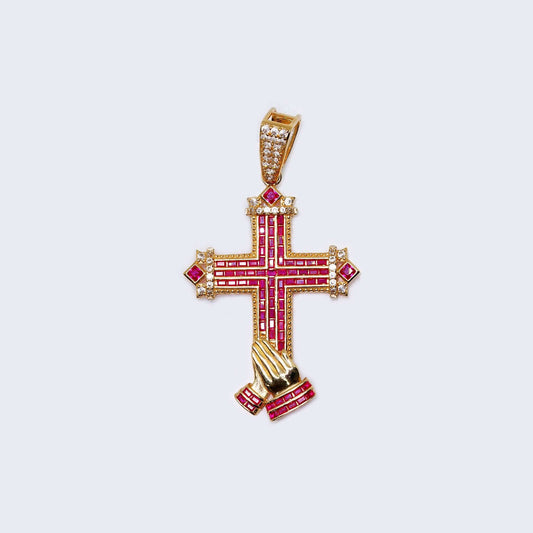 14K Gold Red Devine Cross with Hands Praying Pendant Charm