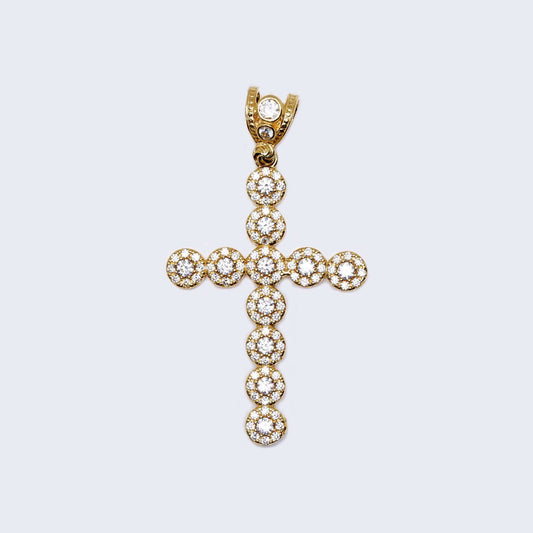 14K Gold Circles Cross Pendant Charm with Cubic Zirconia Zirconia Stones