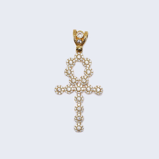 14K Gold Ankh Floral Halo Cross with Cubic Zirconia Pendant Charm