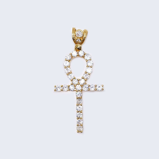 14K Gold Ankh Cross with Cubic Zirconia Pendant Charm