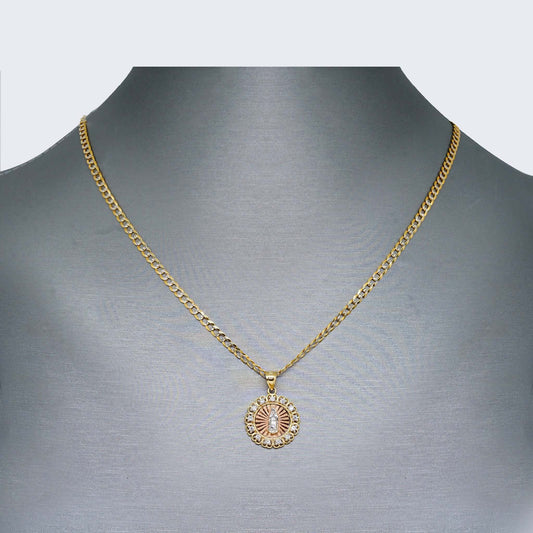 14K Gold Flower Round Virgen de Guadalupe Necklace Set