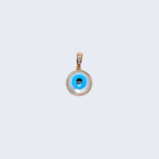 14K Gold Circle Blue Evil Eye Pendant Charm