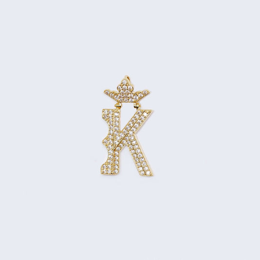 14K Gold Crowned Initial Alphabet Letter “K" Cubic Zirconia Stone Pendant Charm