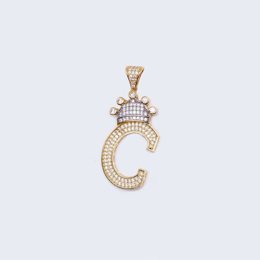 14K Gold Crowned Initial Alphabet Letter “C” Cubic Zirconia Stone Pendant Charm