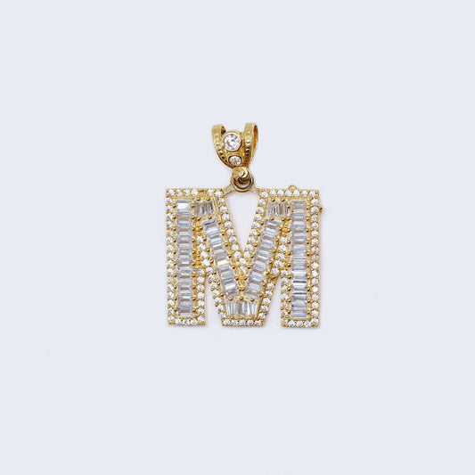 14K Gold Baguette Initial Alphabet Filled Letter “M” Pendant Charm