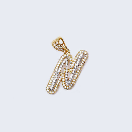 14K Gold Iced Out Initial Alphabet Filled Letter “N” Pendant Charm