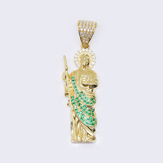 14K Saint Jude Thaddeus the Apostle Pendant with Green Cubic Zirconia