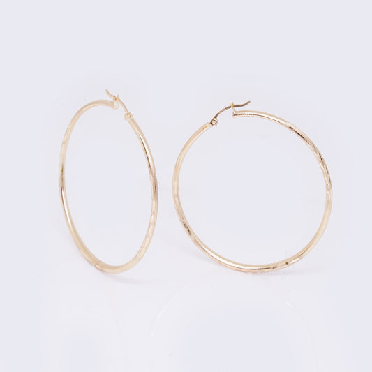 14K Leaf Textured Tube Hoops 35mm/44mm/50mm/61mm