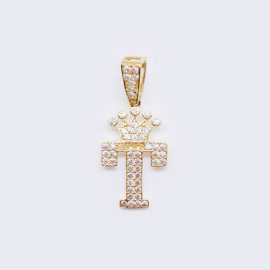 14K Cubic Zirconia "T" Initial Gold Crown Charm