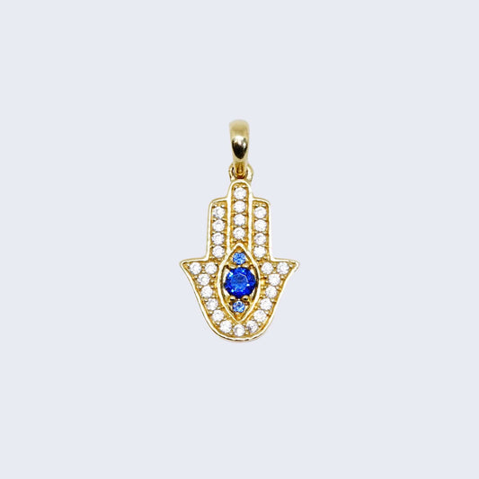 14K GOLD BLUE HAMSA HAND PENDANT