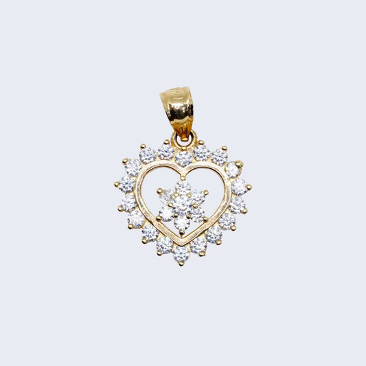 14K WHITE Cubic Zirconia HEARTWITH A FLOWER INSIDE CHARM